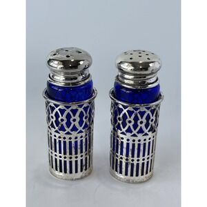 Vintage FB Rogers Cobalt Blue Glass Silver Plate Salt & Pepper Shakers Japan Set